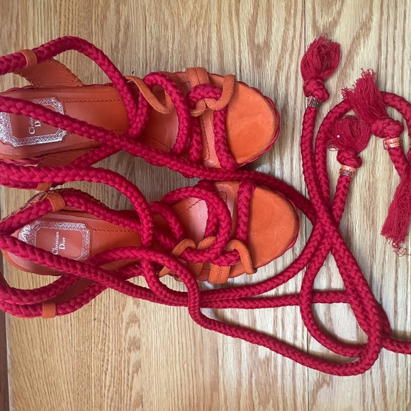 Vintage Dior Tahiti Gladiator Espadrille Sandals Orange Red Pre-Owned 37 1/2 - Picture 12 of 16
